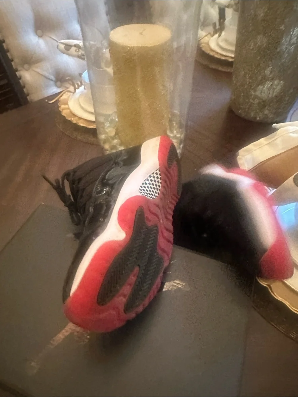 Slightly worn Jordan men’s Size 10 High-Top Sneakers in Black with Red Accents